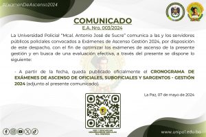 COMUNICADO E.A. NRO. 003/2024 CRONOGRAMA DE EXÁMENES DE ASCENSO DE OFICIALES, SUBOFICIALES Y SARGENTOS –  GESTIÓN 2024